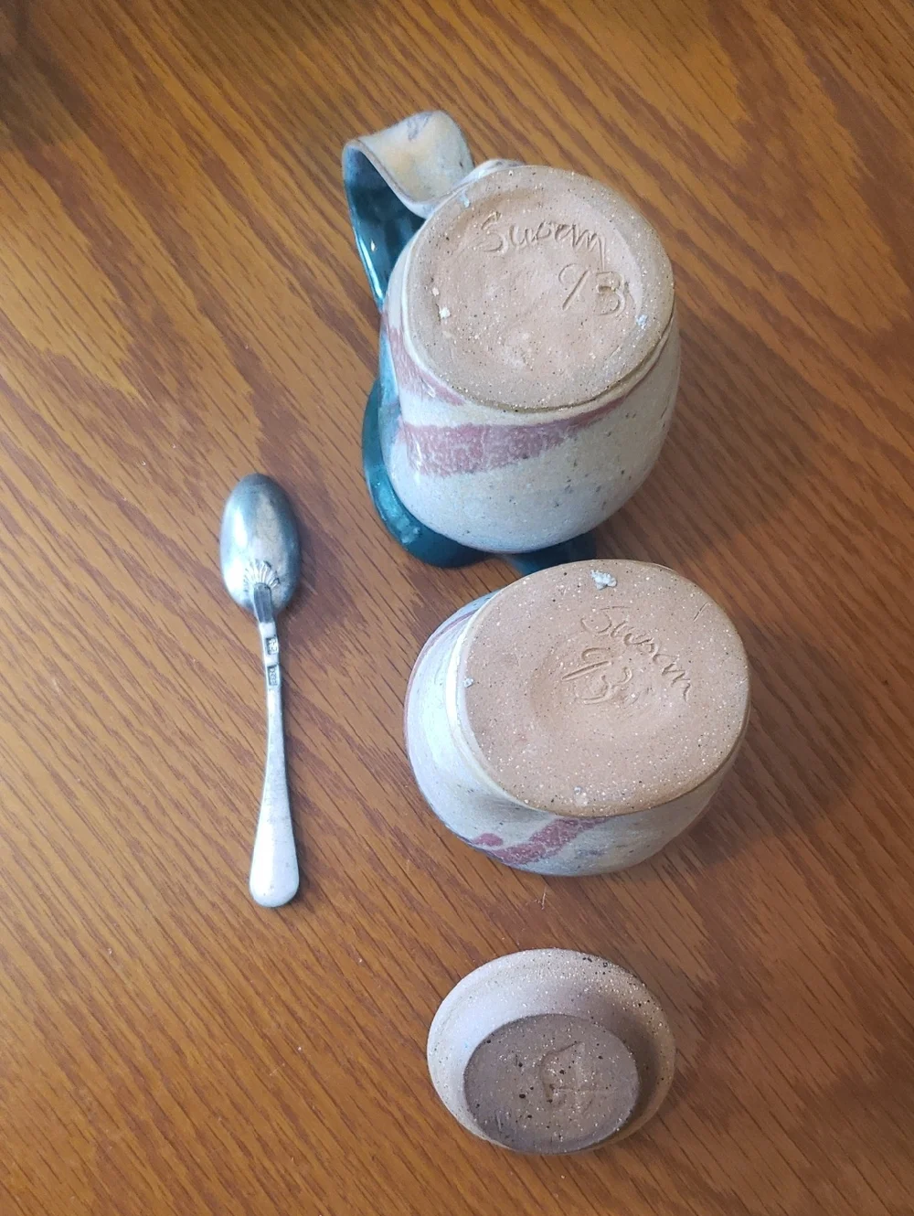 Vtg Handcrafted Stoneware Creamer and Sugar Jar With Spoon - Teal and Cream